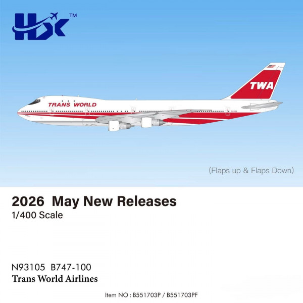 HX Models Boeing 747-100 Trans World TWA Flaps Down N93105 1:400 Modellflugzeug