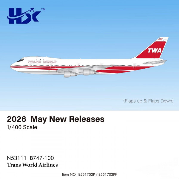 HX Models Boeing 747-100 Trans World TWA Flaps Down N53111 1:400 Modellflugzeug