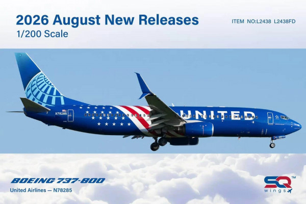 SQ Wings Boeing 737-800 United "America 250th Anniversary" Flaps Down N78285 1:200 Modellflugzeug